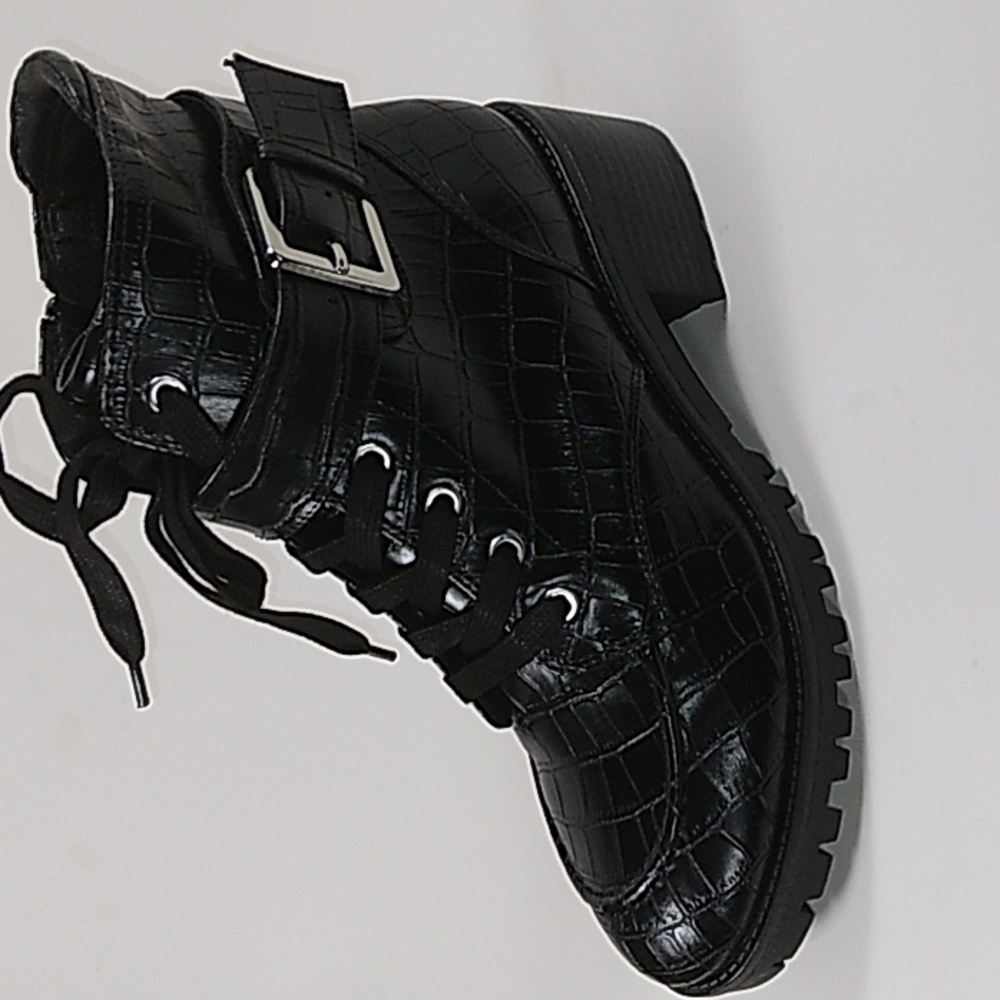 NIB Indigo Rd. Black croco block heel combat boot